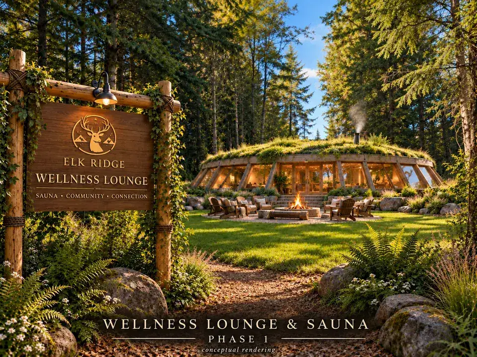 Conceptual rendering of the Elk Ridge Wellness Lounge & Sauna in Phase 1: a grass-roofed lounge with a fire circle, beside an Elk Ridge Wellness Lounge sign in the forest