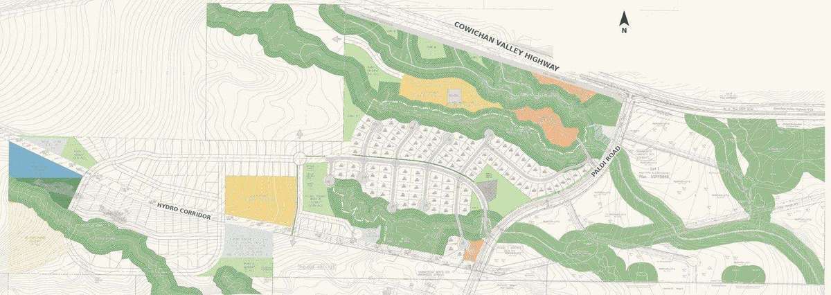 Conceptual site plan of Elk Ridge, traced from the engineered land use plans: the Phase 1 single-family neighbourhood on a loop road with cul-de-sacs, the wellness resort parcel, school site, sports field, Village Marketplace & Shops, Zen park, sauna and lounge, Trout Lake, Tiny Home Village, creek-side forest and the 13 five-acre lots to the east